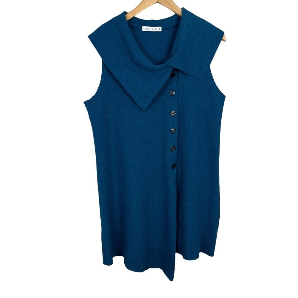 Cut Loose Vest Womens Medium Blue Asymmetric Hem Button Up Lagenlook 100% Wool‎
